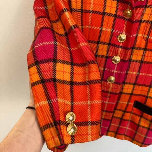 Vintage Mondi Womens M Pink Orange Plaid 100% Wool Power Blazer Preppy Retro - Picture 9 of 14